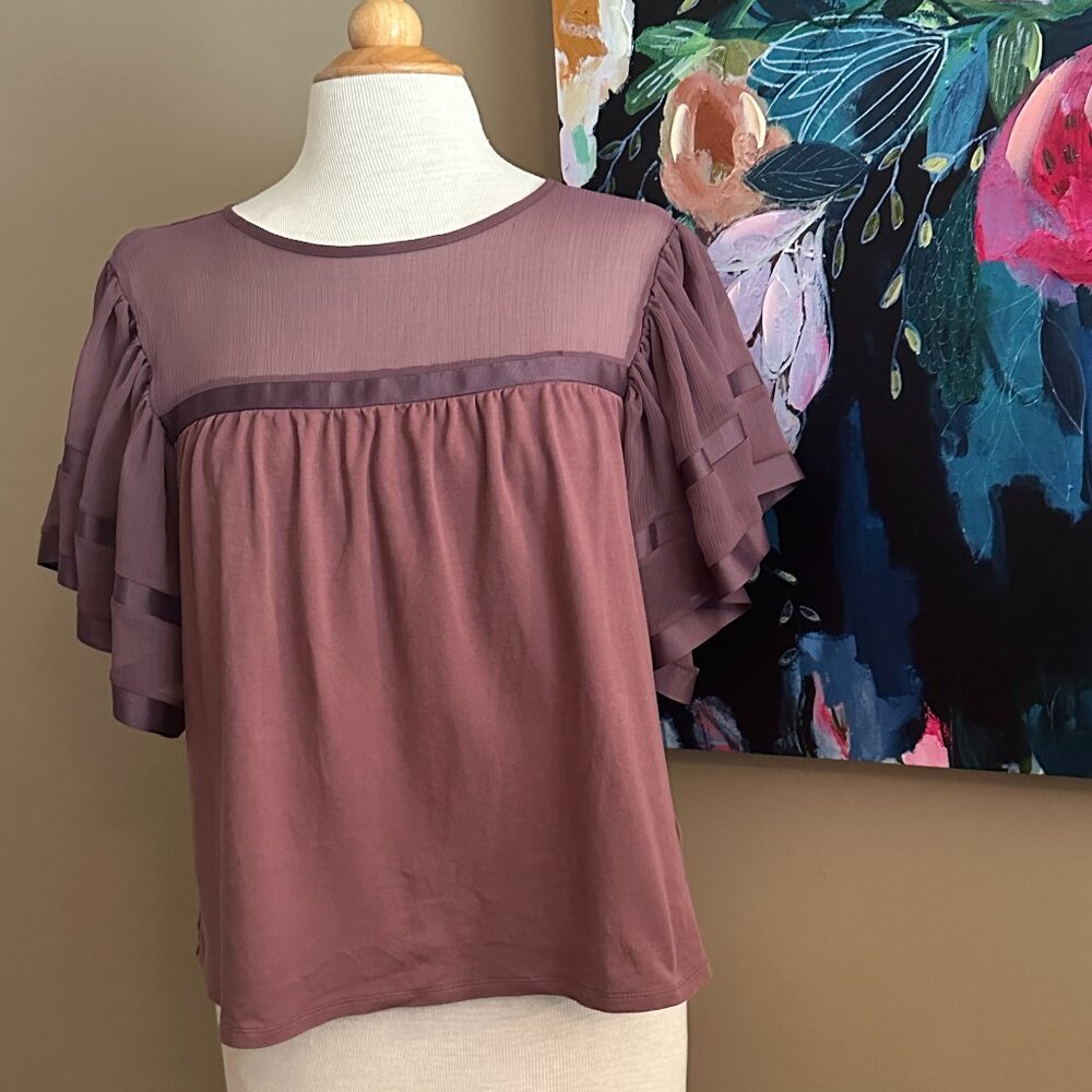 Express Mauve Sheer Panel Flutter Sleeve Blouse W… - image 1